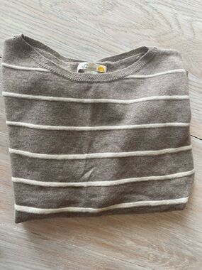 C&C California Taupe Crewneck Sweater with Cream Stripes